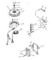 Маховик, распределительная коробка, катушка зажигания и статор 2-Х ТАКТНОГО ПЛМ MERCURY 60 Серийный номер от 0B122930 до 0D000749